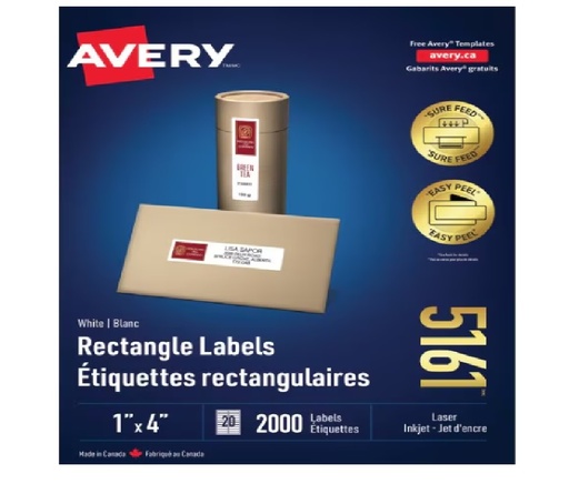 [OS-AVE05161] OS-AVE05161 Avery Easy Peel Address Labels 1" x 4" (2,000 Labels) Laser White 100 sheets/box